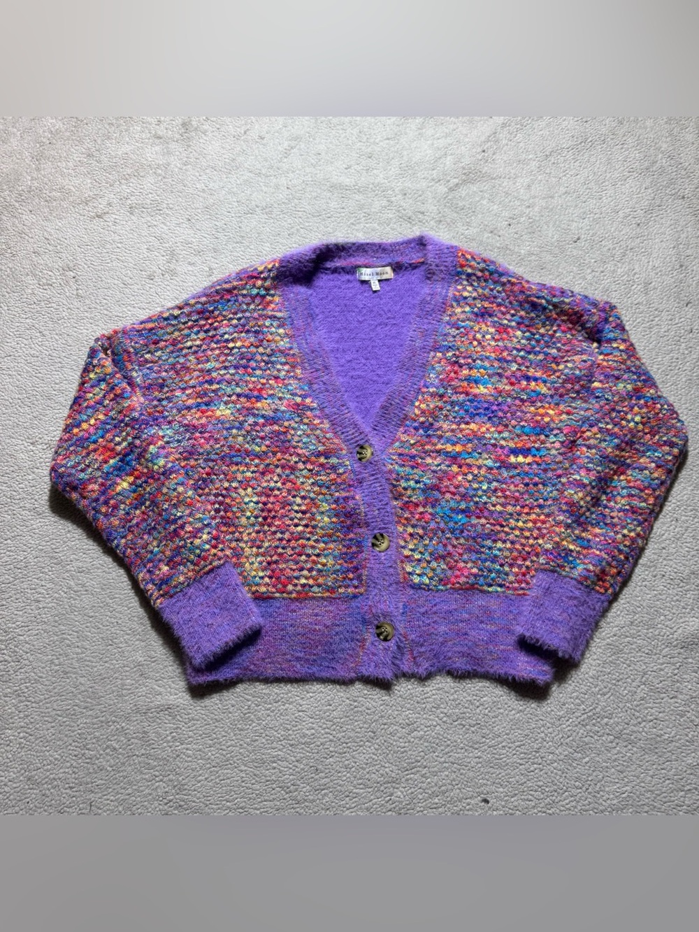 Hazel Moon Sweater Cardigan & Bralette Tank Top Womens XL Fuzzy Rainbow Speckled
